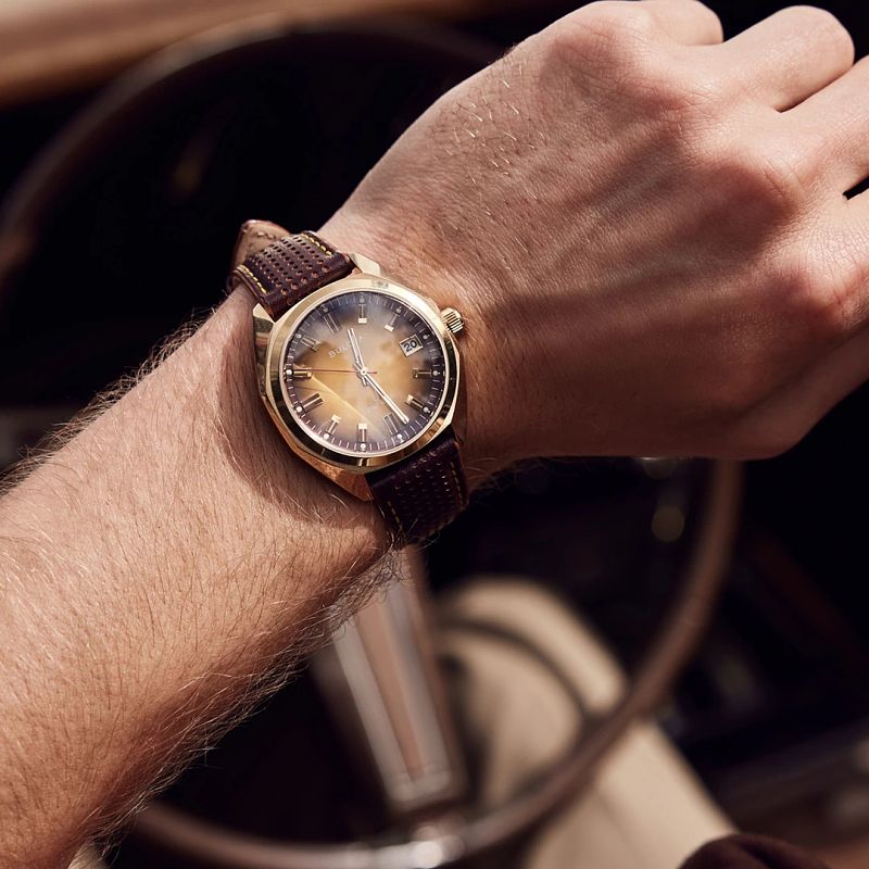 銀河222 Gold-Tone Dial Leather Strap Jet Star 97B214 | Bulova